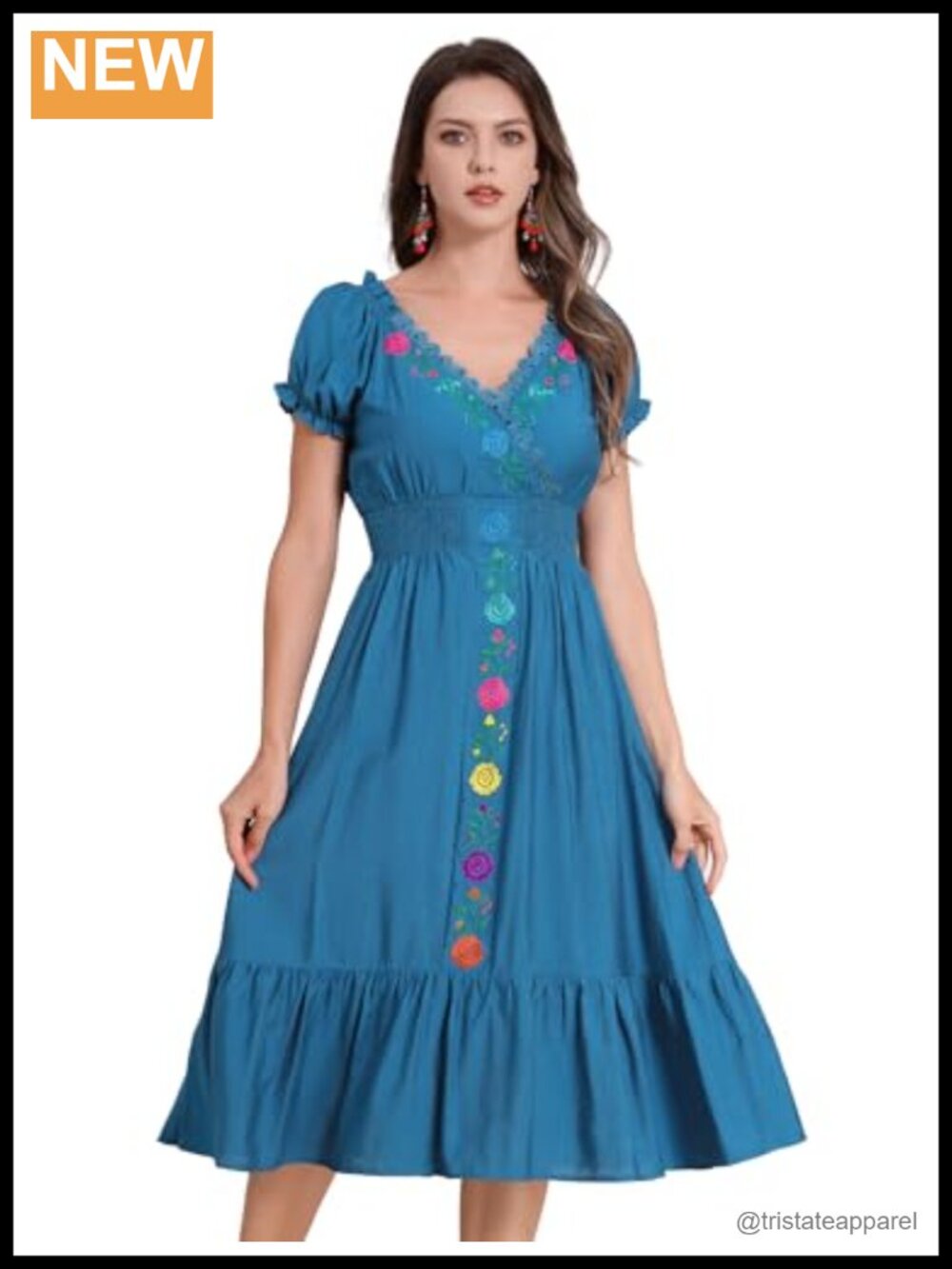 Women Mexican Embroidered Floral V-Neck Maxi Dress Ruffle Puff Sleeve Fiesta